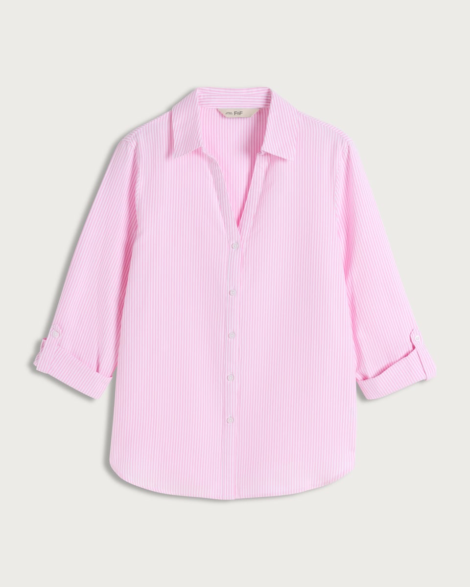 image 1 of F&F Pure Cotton Stripe Print Button Up Shirt in Pink