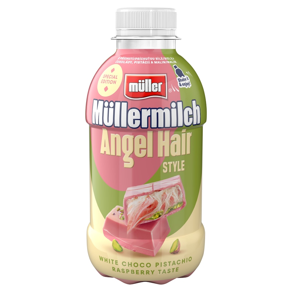 Müller Müllermilch Angel Hair Style White Chocolate-Pistachio-Raspberry Flavoured Milk Drink 400 g