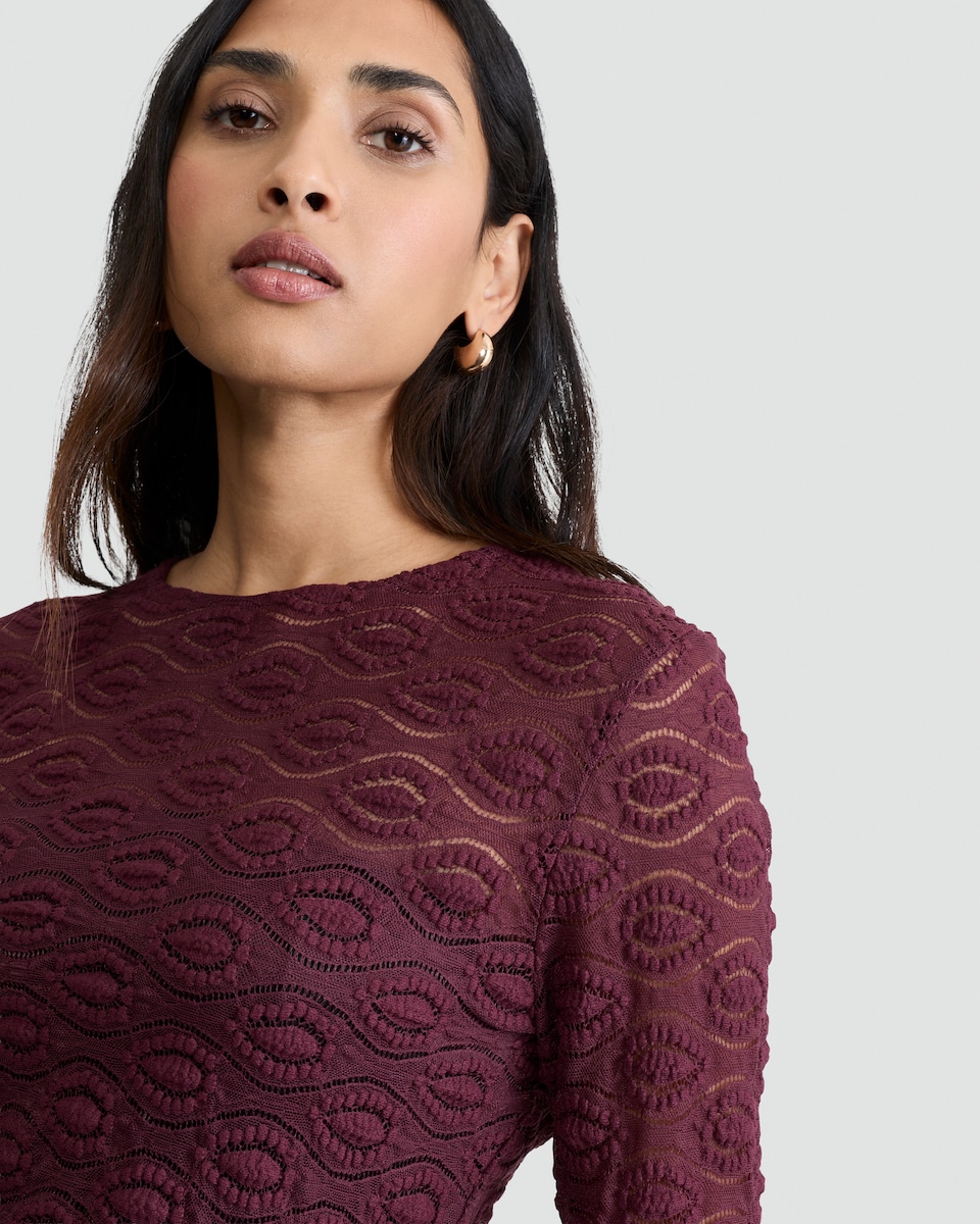 image 1 of F&F Lace Textured Long Sleeved Top in Purple