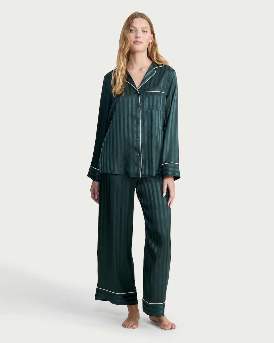 image 1 of F&F Satin Stripe Print Shirt and Trousers Pyjamas in Green