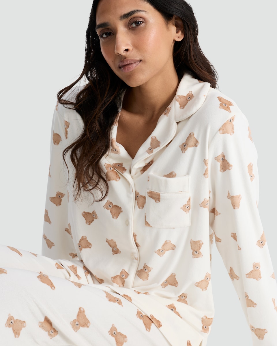 image 1 of F&F Fleece Teddy Bear Print Revere Pyjama Set in Cream