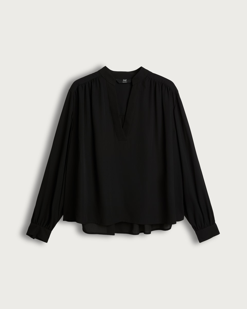 F&F Gathered Sleeve V Neck Blouse in Black