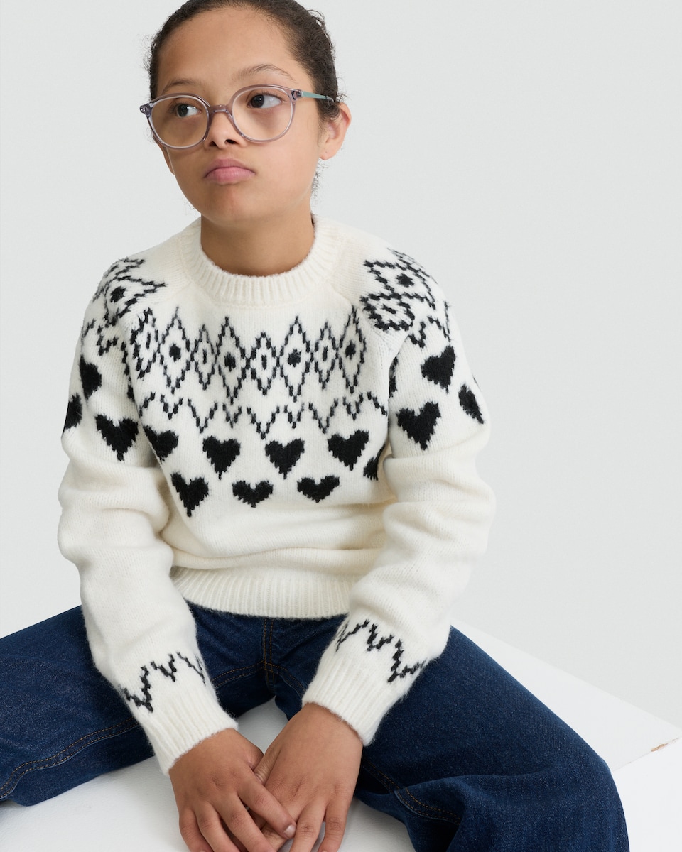 image 1 of F&F Girls Heart Fair Isle Print Jumper in Multi Black White