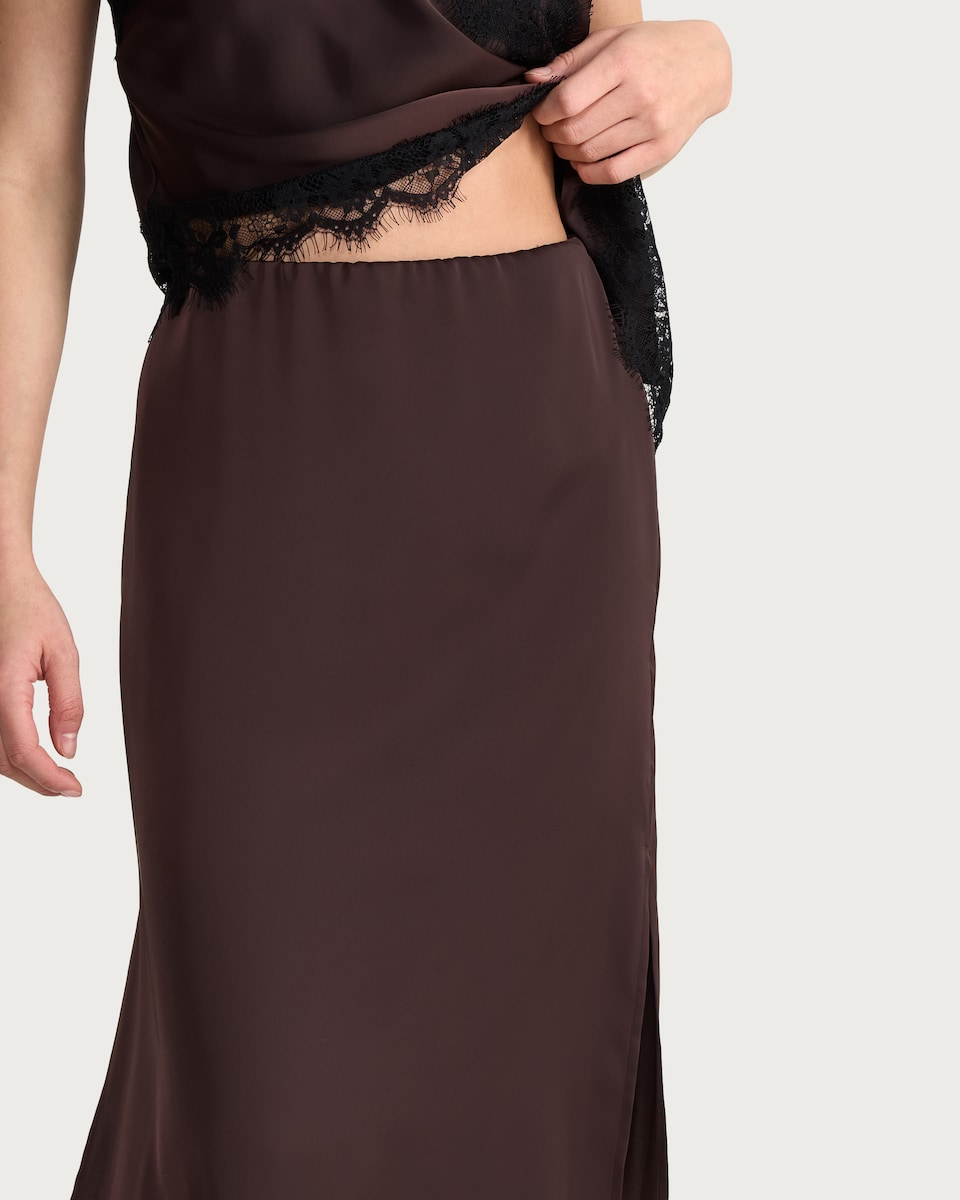 image 1 of F&F Satin Lace Trim Co-ord Midi Skirt in Chocolate