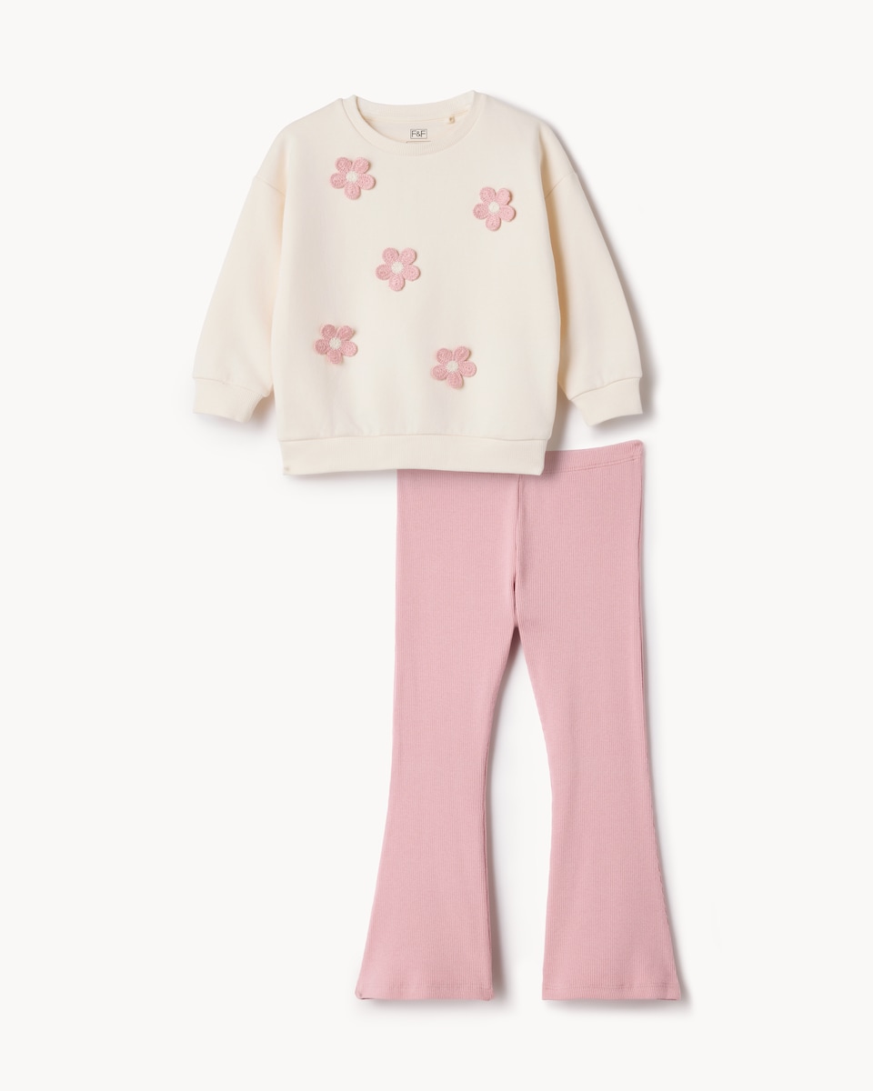 image 1 of F&F Girls 2-Piece Cotton Rich Floral Sweatshirt and Flared Leggings Set in Cream