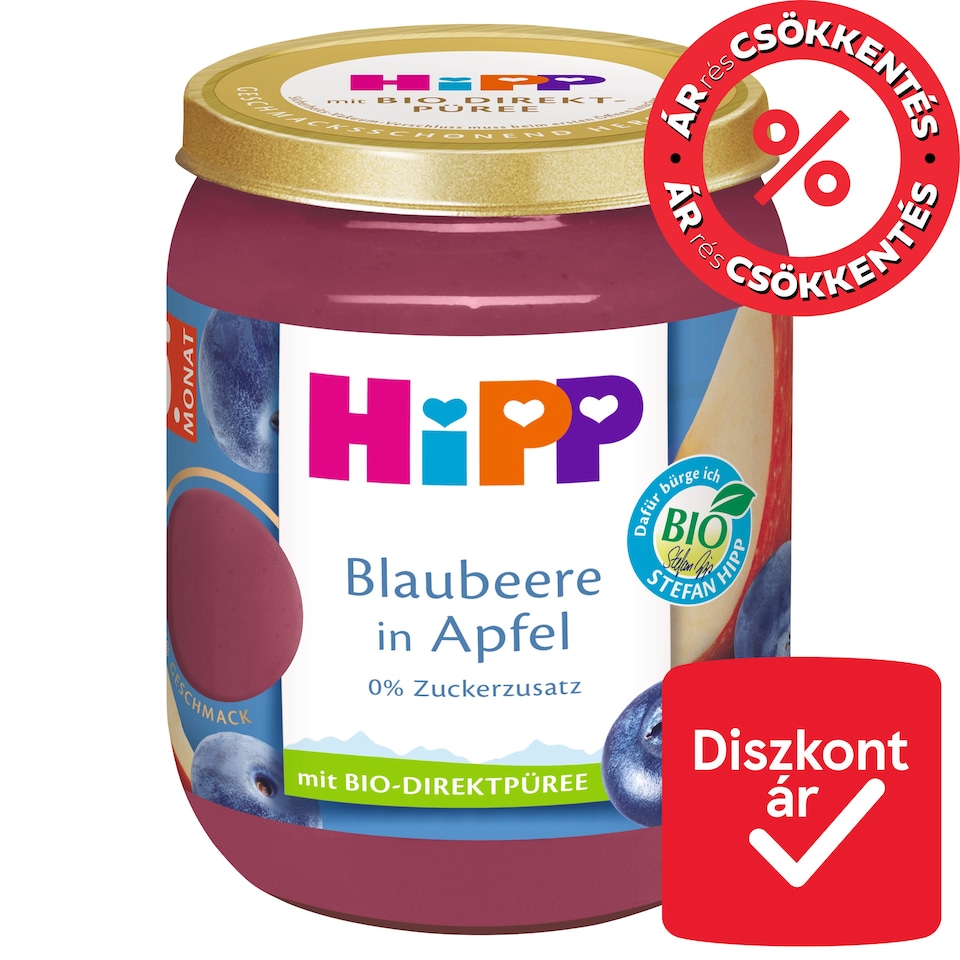 HiPP bio gyümölcskészítmény alma áfonyával bébidesszert 5 hónapos kortól 160 g  1. kép