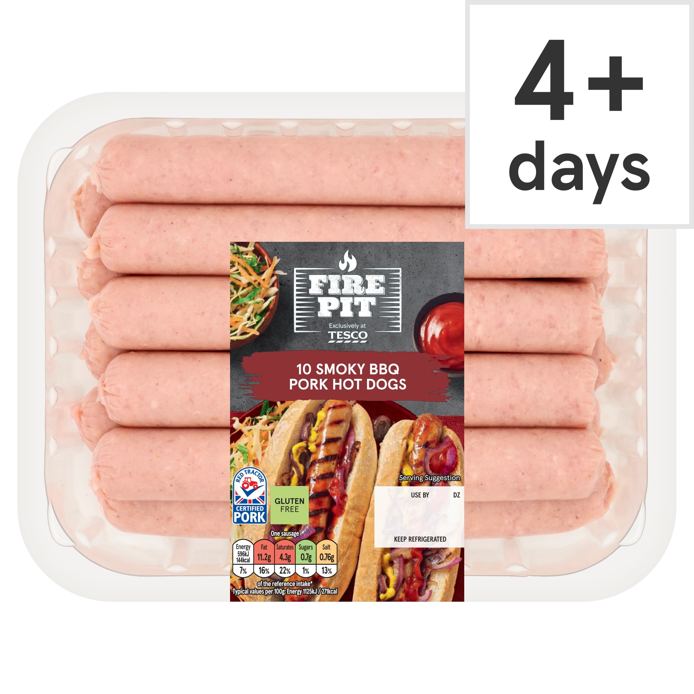 Tesco Fire Pit 10 Smoky BBQ Pork hot dogs 600g