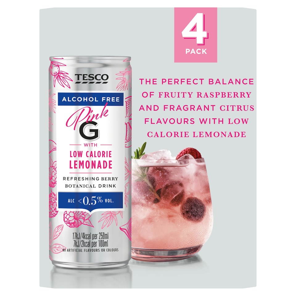 Tesco Alcohol Free Pink G & Low Calorie Lemonade 4x250ml