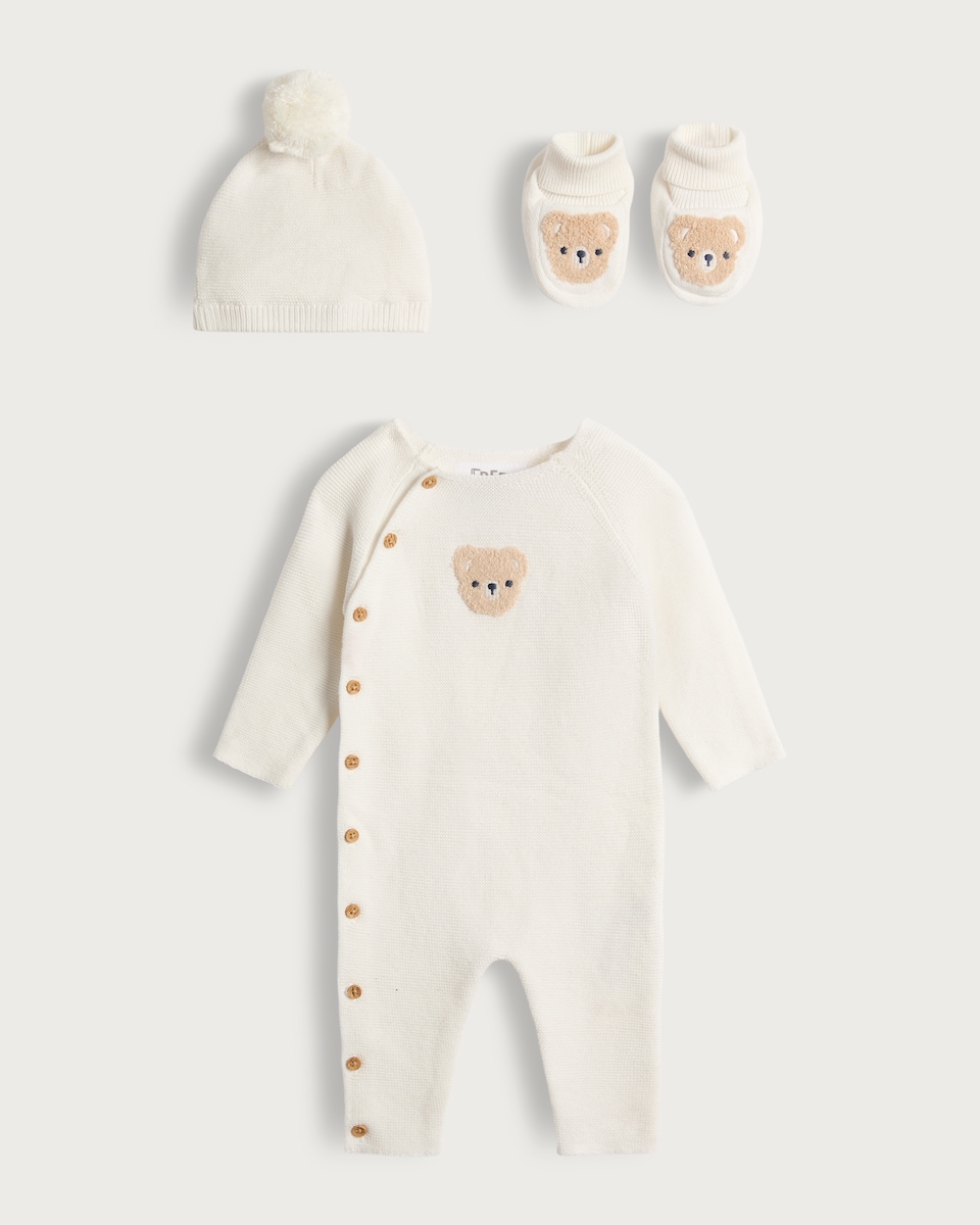 image 1 of F&F Baby 3-Piece Pure Cotton Knitted Bear Romper, Hat and Bootie Set in White