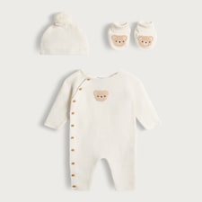 F&F Baby 3-Piece Pure Cotton Knitted Bear Romper, Hat and Bootie Set in White