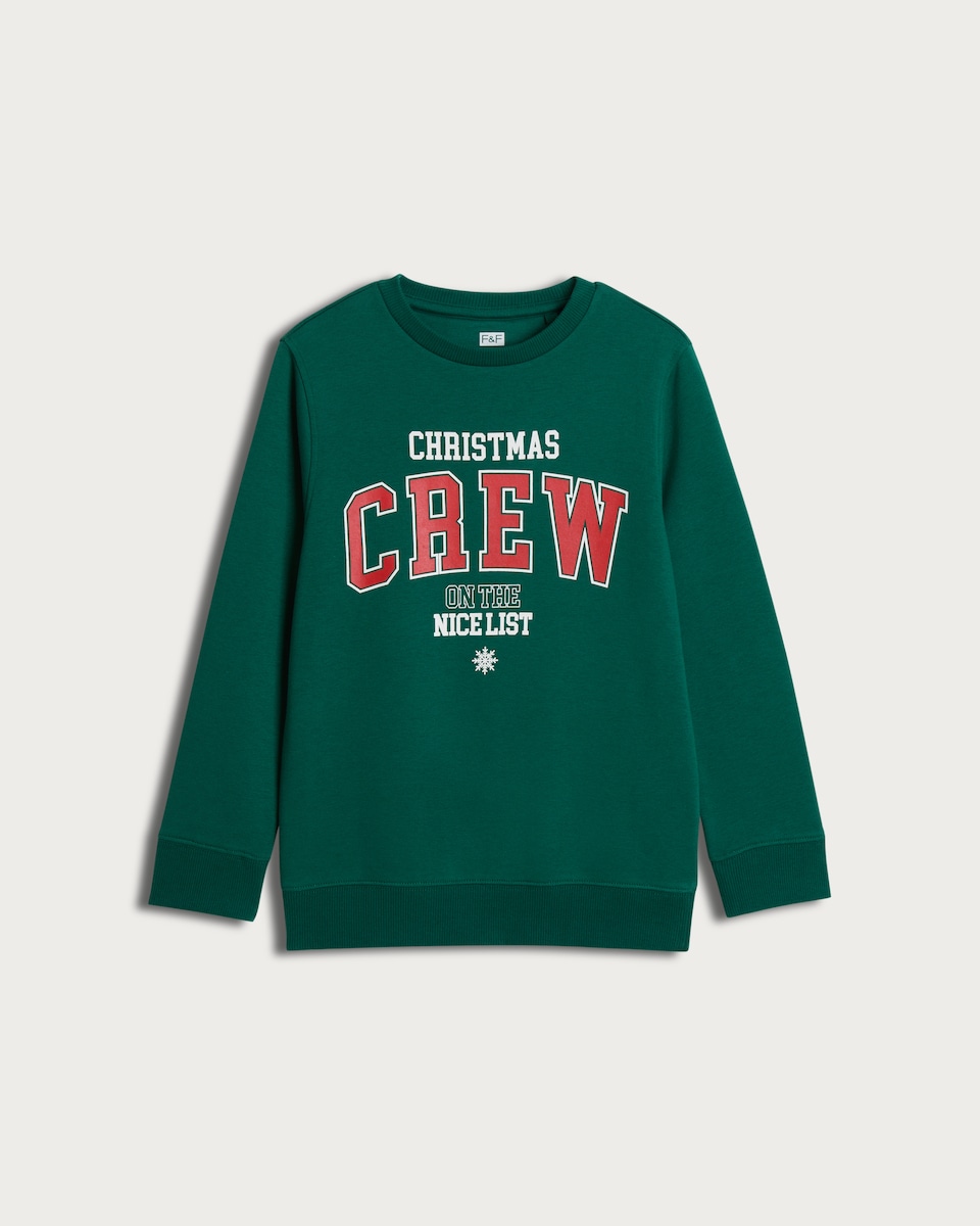 image 1 of F&F Boys Cotton Rich Christmas Crew Sweatshirt in Green