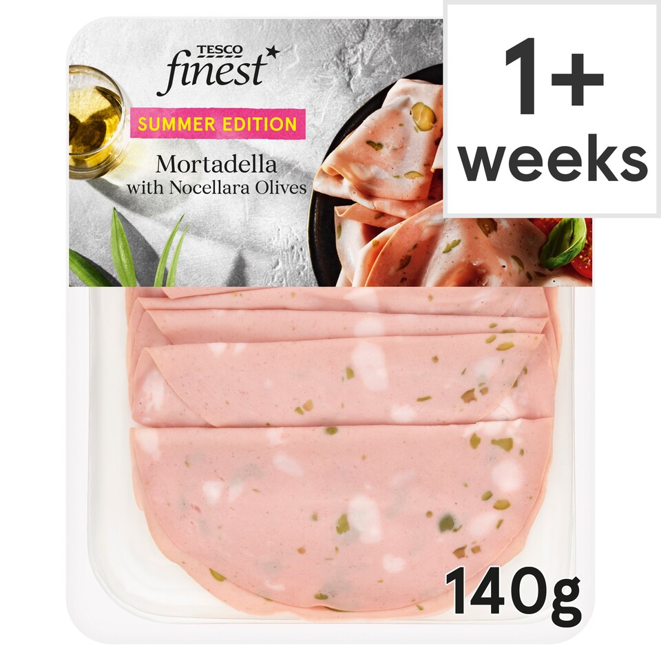 Tesco Finest Mortadella with Nocellara Olives 140g Tesco Groceries