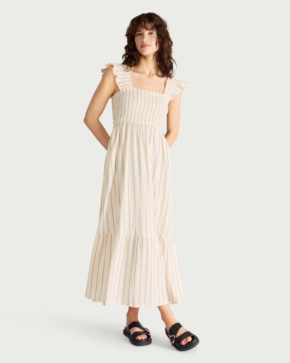 image 1 of F&F Striped Smocked Maxi Dress in Cream