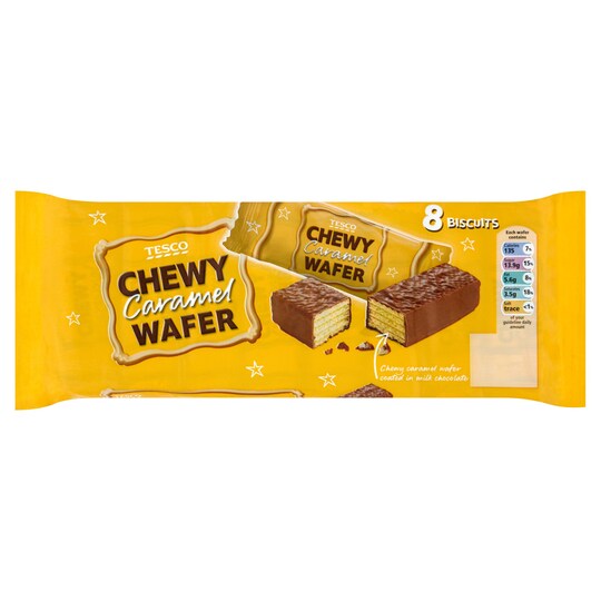 Tesco Chewy Caramel Wafer Biscuit 8 Pack 224G Tesco Groceries