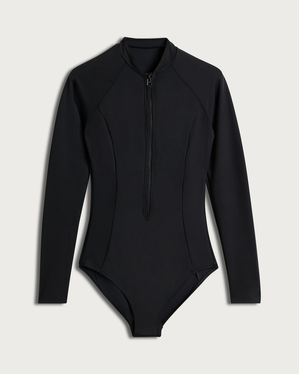 image 1 of F&F Active ULTRASWIM Zip Front Long Sleeved Swimsuit in Black