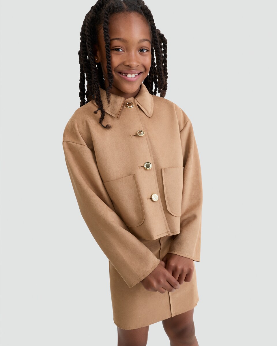 image 1 of F&F Girls Faux Suede Button Up Jacket in Brown