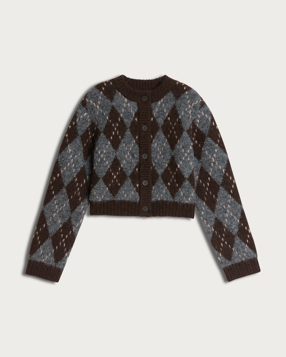 image 1 of F&F Textured Argyle Button Front Cardigan with Wool in Chocolate