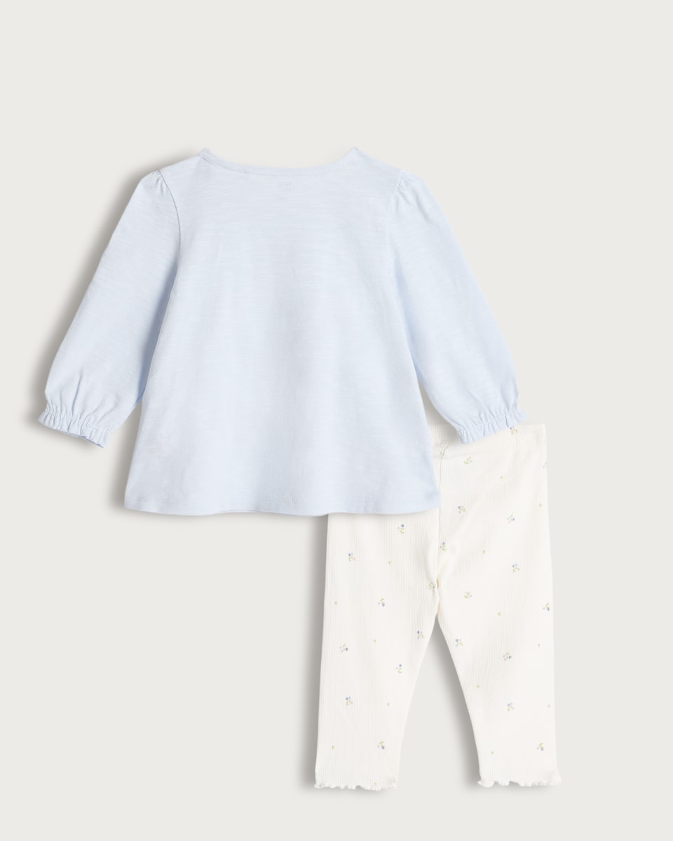 image 1 of F&F Baby 2-Piece Cotton Rich Floral Print Bunny Top and Leggings Set in Blue