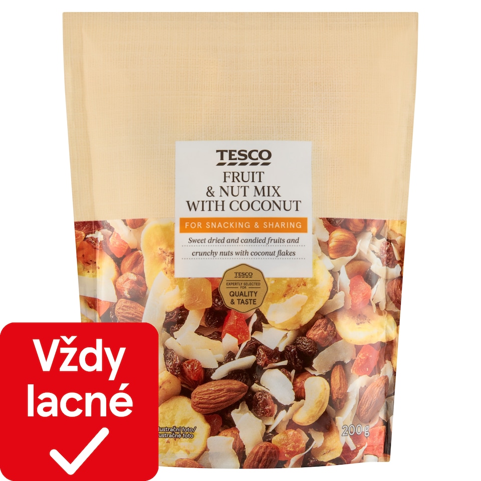 Tesco Zmes sušeného a kandizovaného ovocia a škrupinových plodov s kokosovými vločkami 200 g