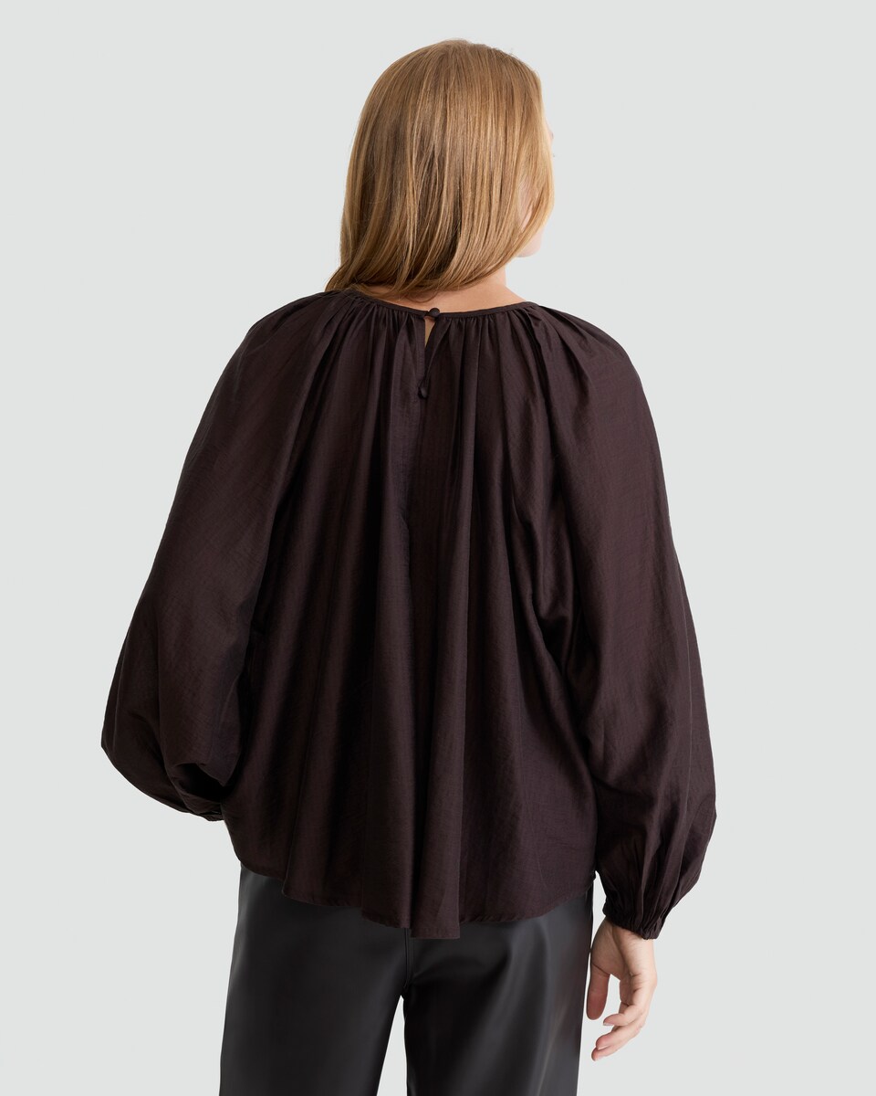 image 1 of F&F Lyocell Rich Gathered Long Sleeved Blouse in Brown