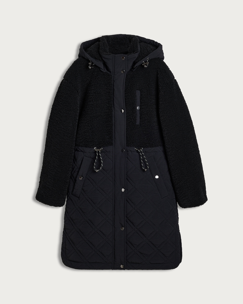 image 1 of F&F Active OUTDOOR Quilted Borg Panel Longline Coat in Black