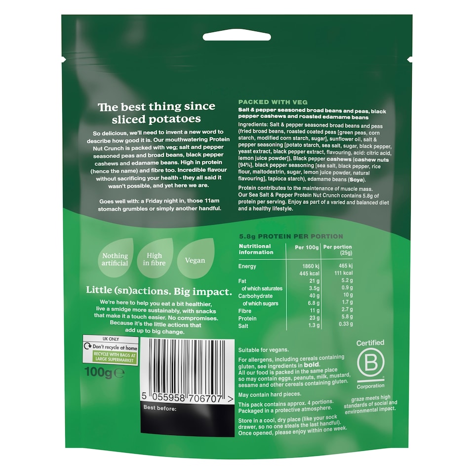 image 1 of Graze Sea Salt & Pepper Protein Veg & Cashew Nuts Sharing Bag Snack 100G