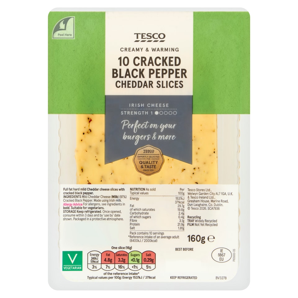 Tesco 10 Cracked Black Pepper Cheddar Slices 160G