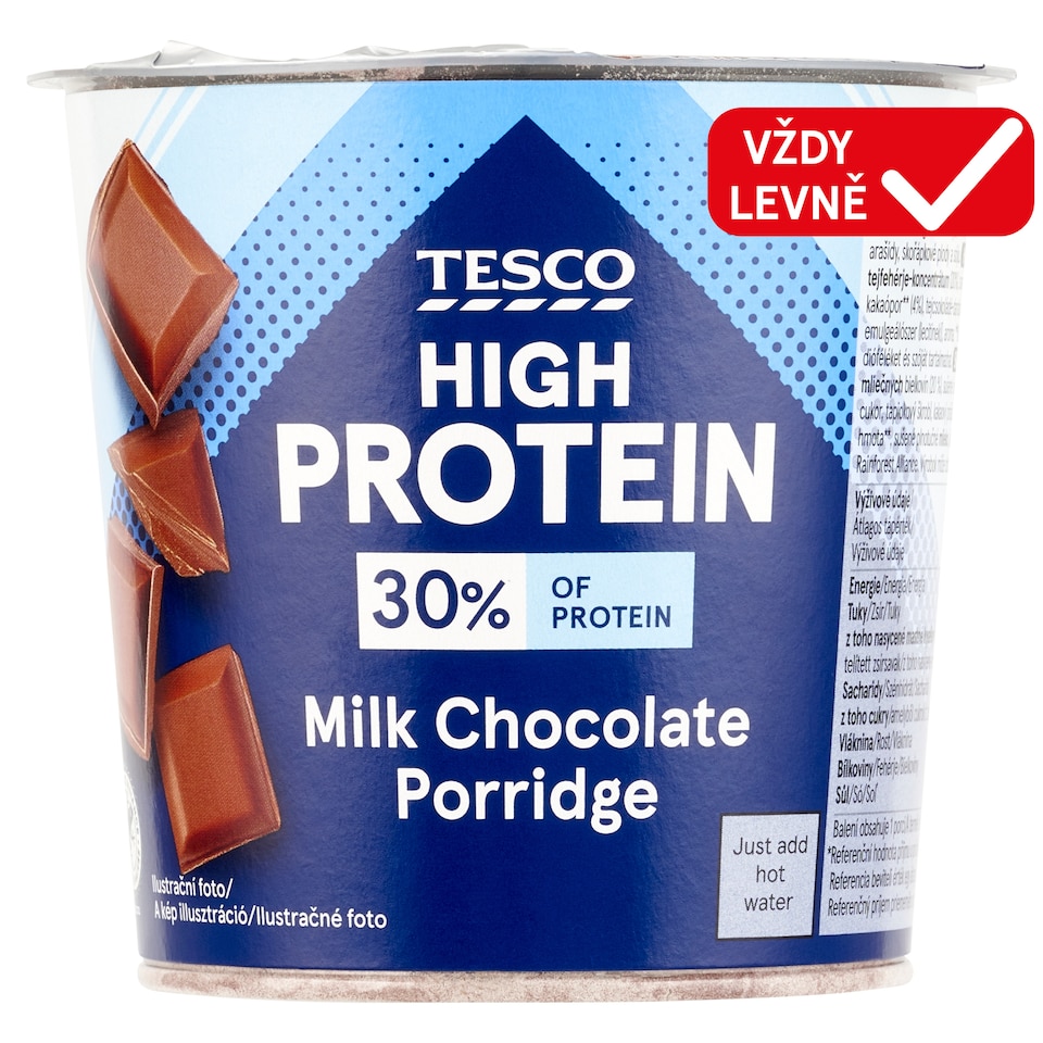 Tesco High Protein instantní kakaová ovesná kaše s kousky mléčné čokolády 65g