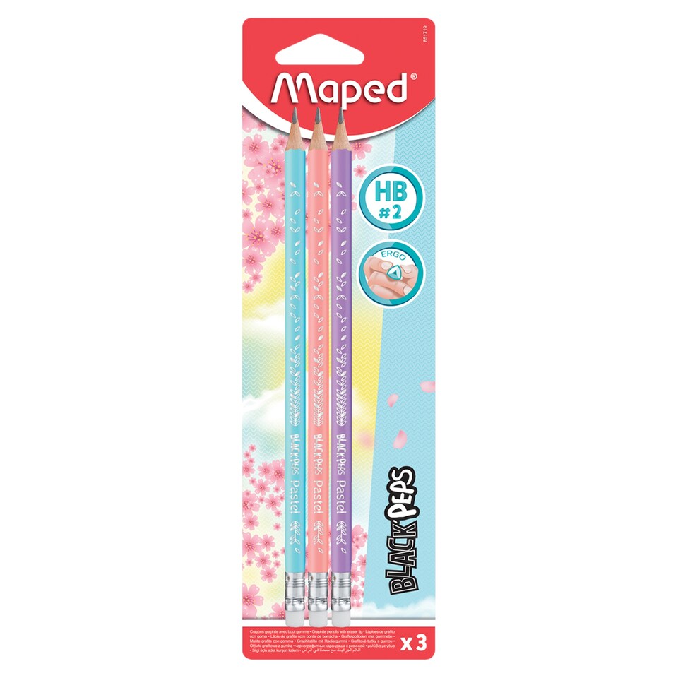 Maped Black'Peps Pastel HB Graphite Pencil with Rubber 3 pcs