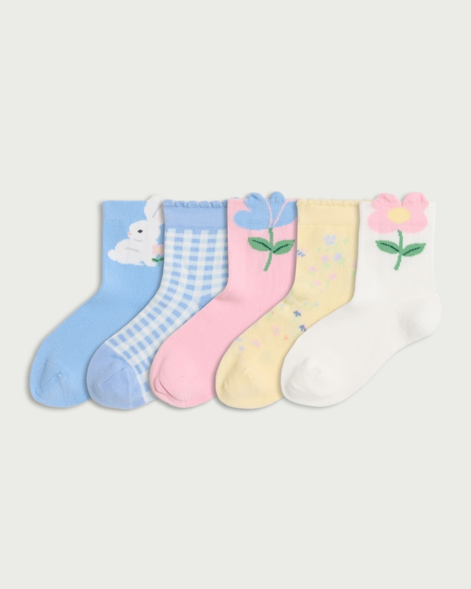 F&F Girls 5-Pack Cotton Rich Patterned Socks in Multi