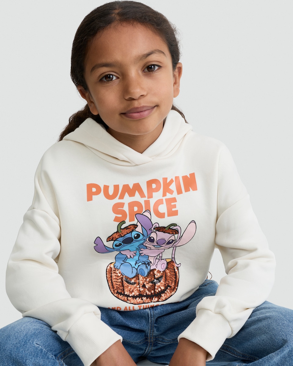 image 1 of Disney Stitch and Angel Pumpkin Spice Print Cotton Rich Hoodie in Cream