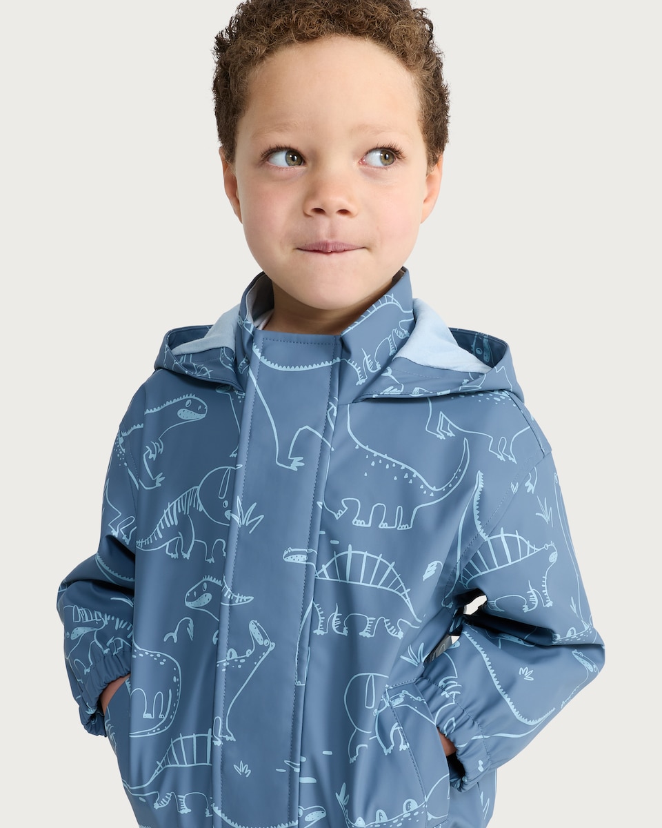 image 1 of F&F Boys Dinosaur Print Hooded Jacket in Blue