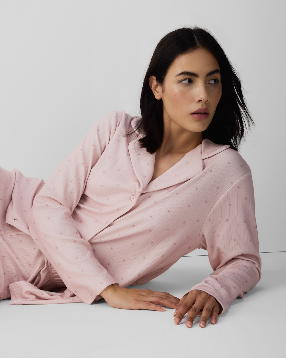 image 1 of F&F Pointelle Floral Print Revere Pyjama Set in Multi Pink