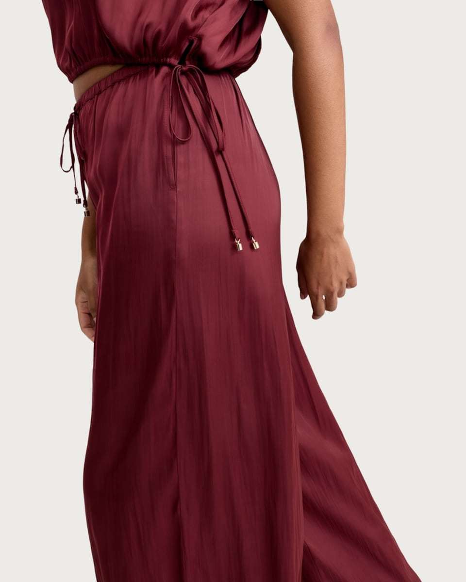 image 1 of F&F Satin Drawstring Co-ord Trousers in Burgundy