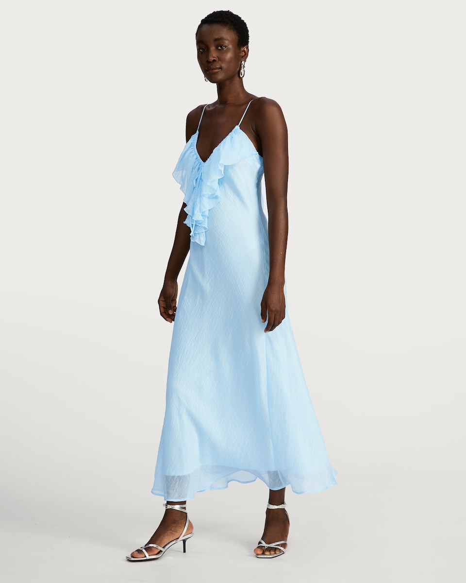 image 1 of F&F V Neck Ruffle Front Strappy Midi Dress in Blue