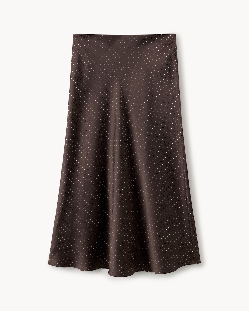 image 1 of F&F Satin Polka Dot Midi Skirt in Chocolate