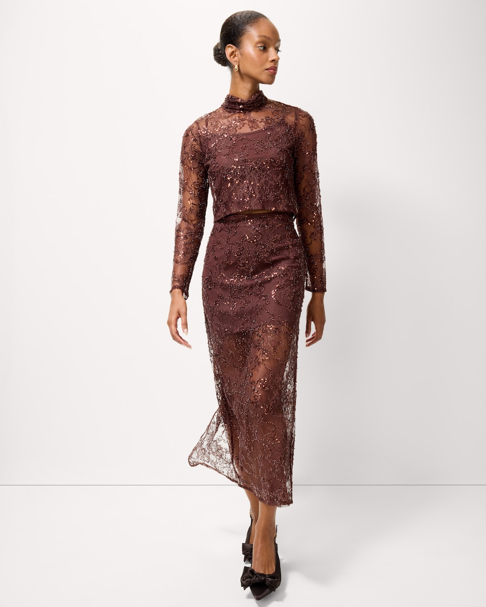 image 1 of F&F Beaded Lace Co-ord Top in Chocolate