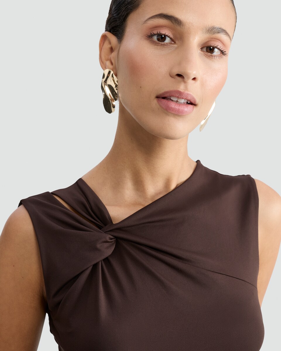image 1 of F&F Polyamide Twist Detail Sleeveless Bodysuit in Brown