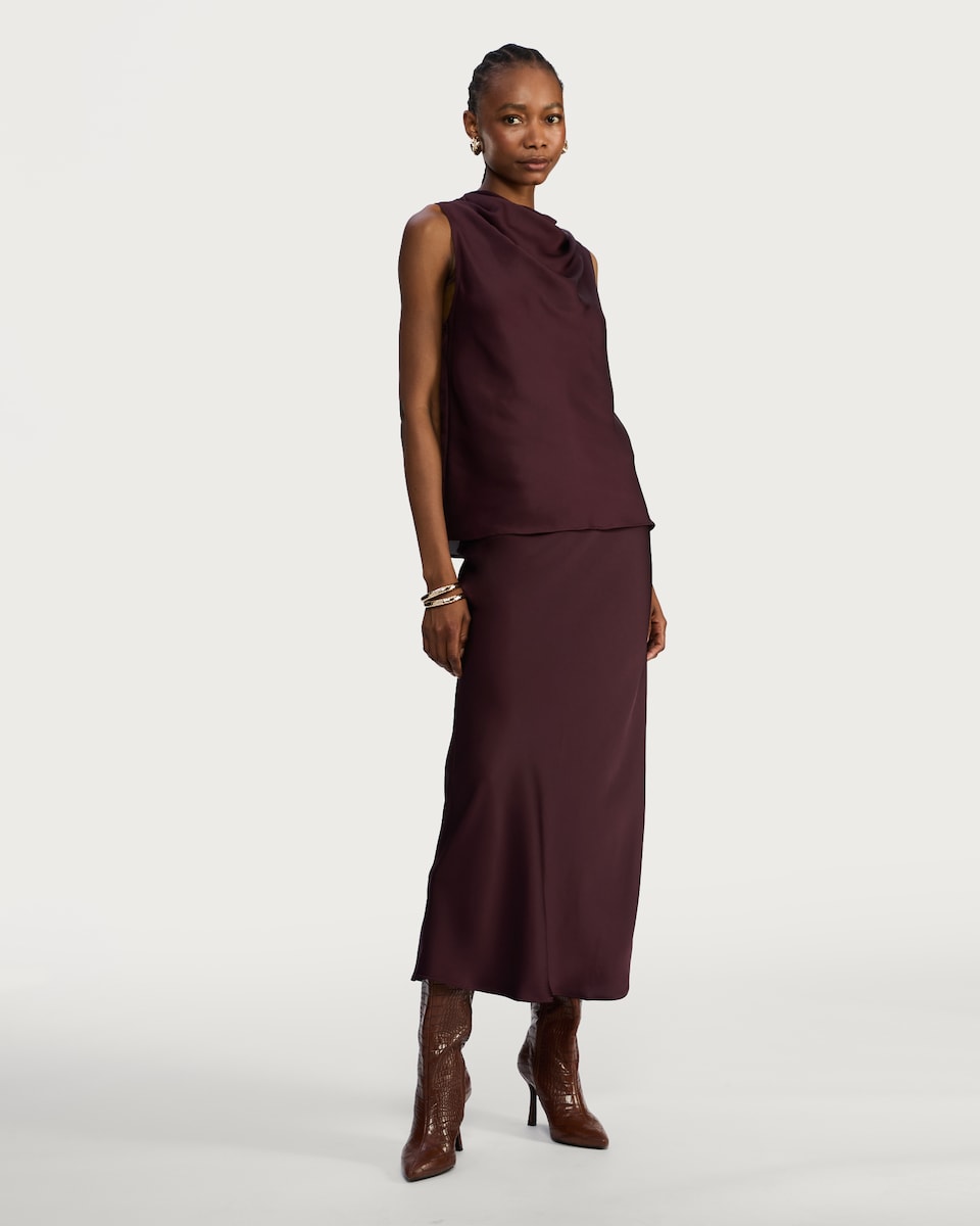 image 1 of F&F Satin Cowl Neck Sleeveless Blouse in Burgundy