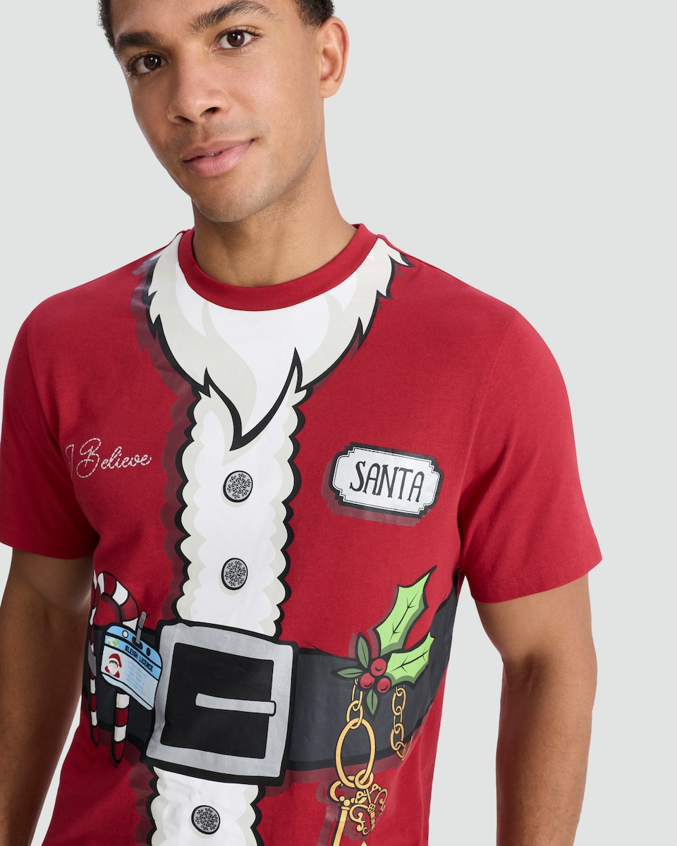 image 1 of F&F Pure Cotton Santa I Believe Slogan T-Shirt in Red