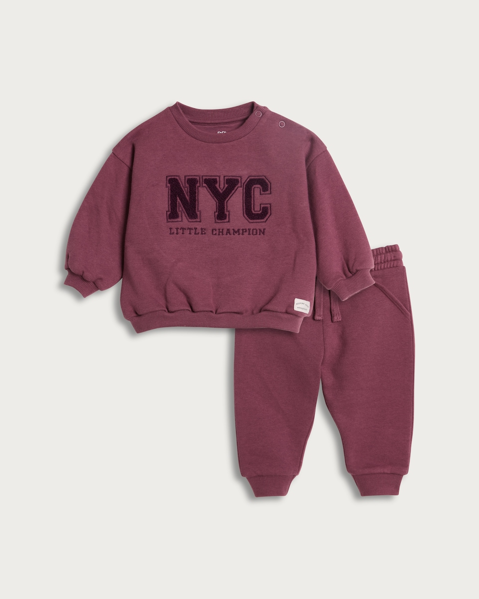 image 1 of F&F Baby 2-Piece Cotton Rich NYC Slogan Sweatshirt and Joggers Set in Burgundy