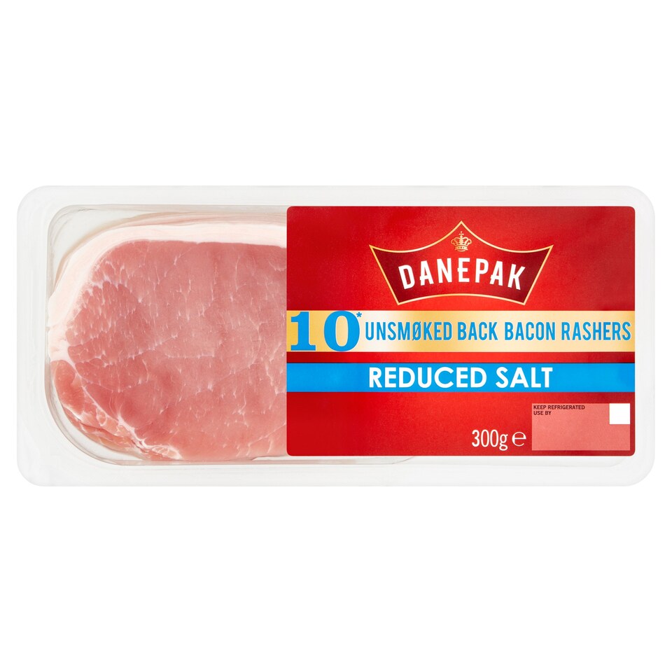 Danepak 10 Unsmoked Reduced Salt Back Bacon Rashers 300G Tesco Groceries
