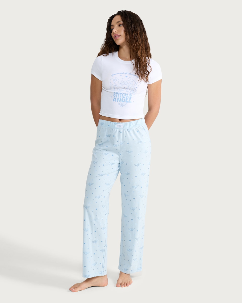 image 1 of Disney Stitch Ribbed T-Shirt and Bottoms Pyjama Set in Multi Blue