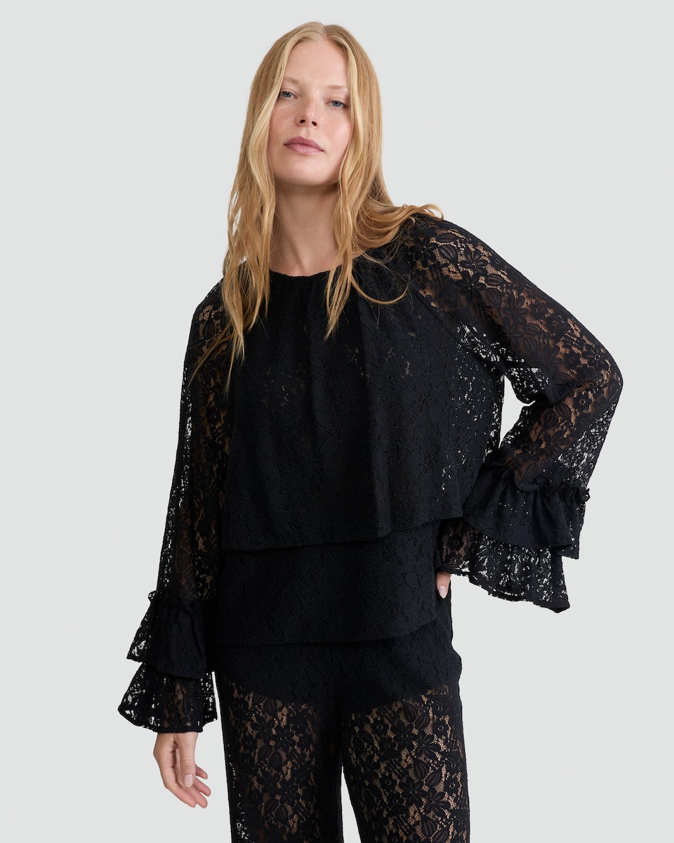 image 1 of F&F Lace Tiered Bell Sleeve Top in Black