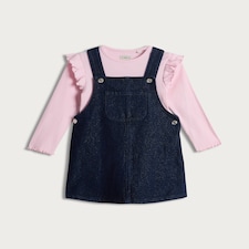 F&F Girls 2-Piece Cotton Rich Denim Pinafore and Ruffle Sleeve Top Set in Multi Blue