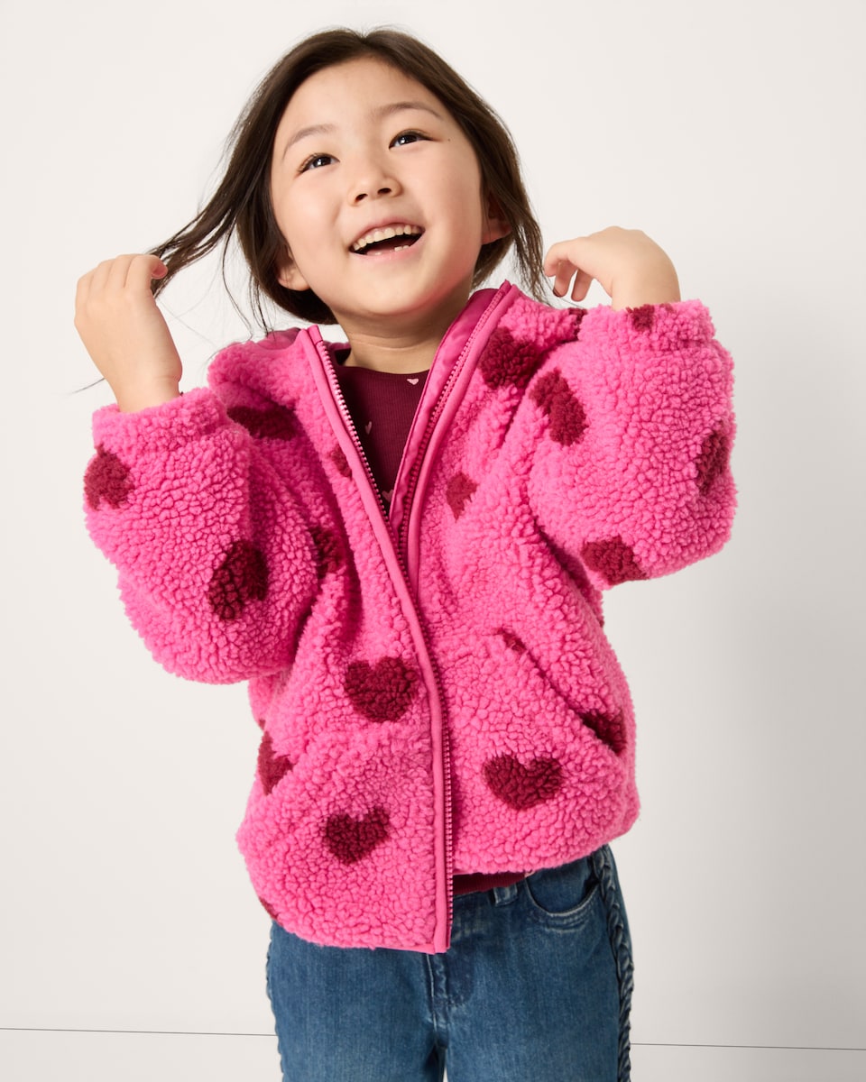 image 1 of F&F Girls Borg Heart Hooded Jacket in Pink