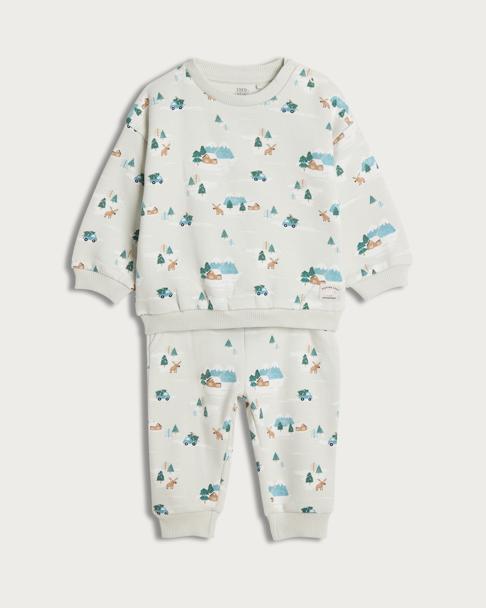 image 1 of F&F Baby 2-Piece Cotton Rich Arctic Print Sweatshirt and Joggers Set in Blue