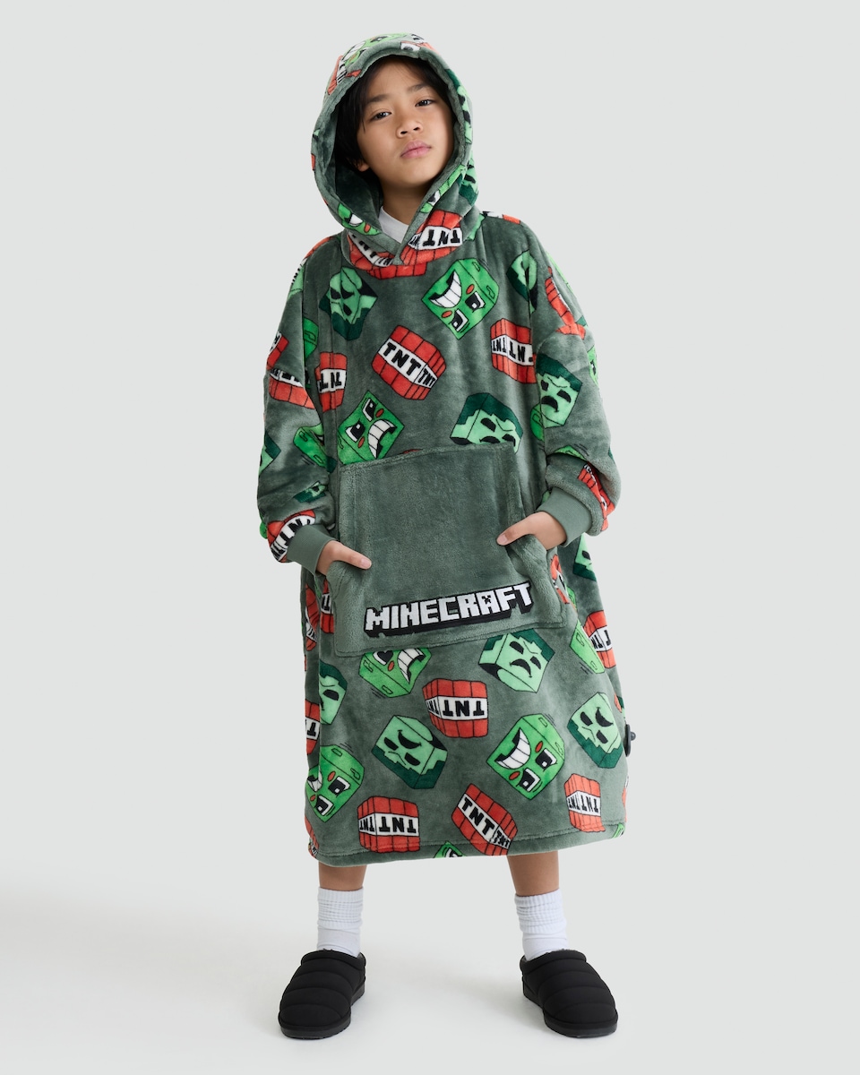 image 1 of Minecraft Creeper Print Fleece Pyjama Hoodie in Green