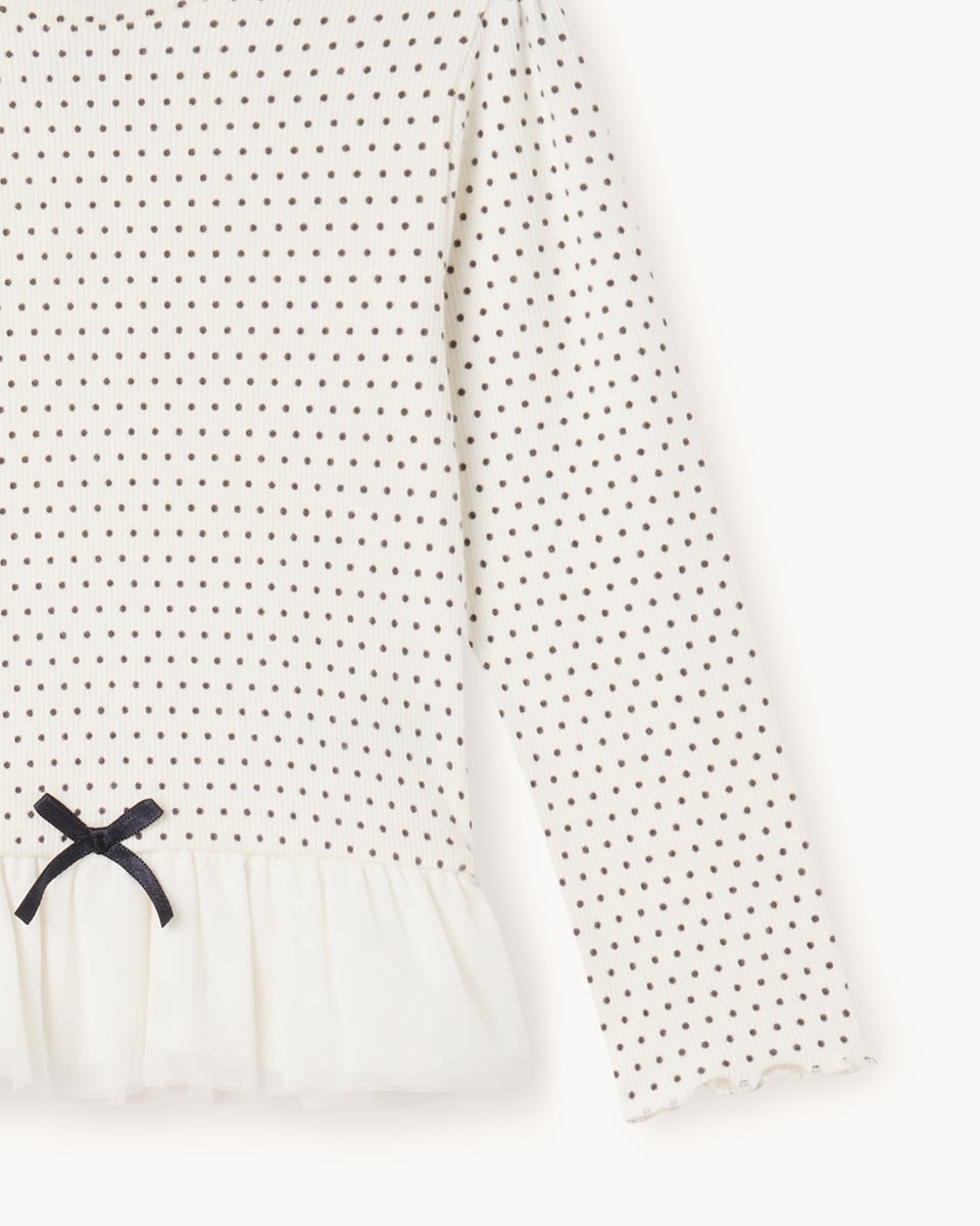 image 1 of F&F Girls Cotton Rich Polka Dot Peplum Top in Multi Black White