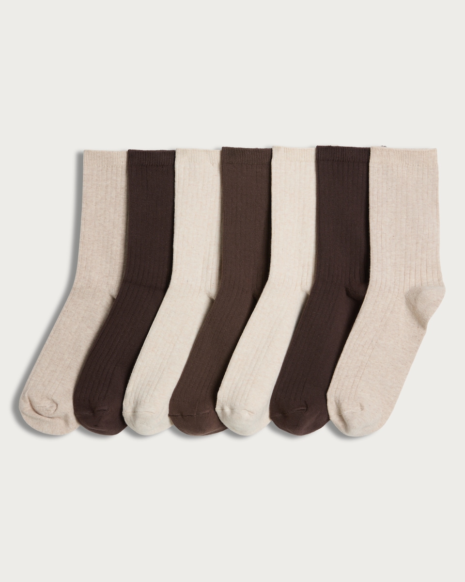 F&F 7-Pack Cotton Rich Ribbed Ankle Socks in Brown